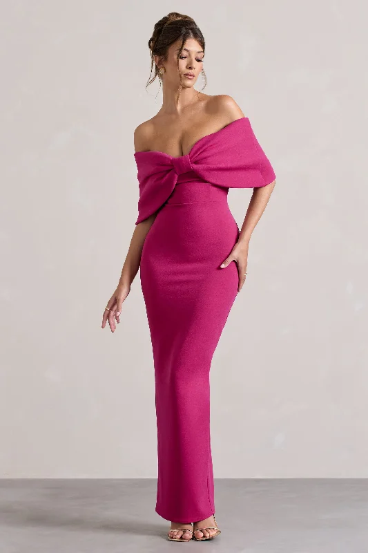 Cornelia | Hot Pink Strapless Maxi Dress With Oversized Bow Chic Button-Up Maxi Dress