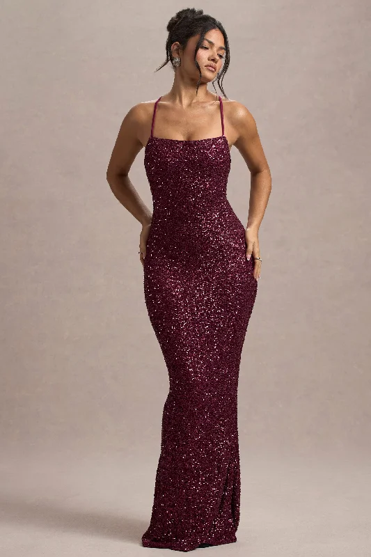Cosmic | Berry Sequin Square-Neck Strappy Maxi Dress Elegant Boho Maxi Dress