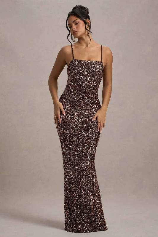 Cosmic | Bronze Sequin Square-Neck Strappy Maxi Dress Cozy Open-Back Maxi Dress