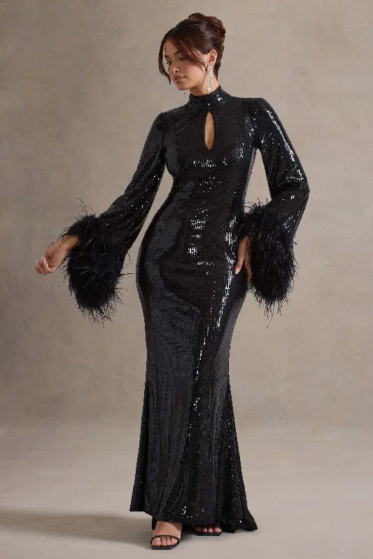 Cosmic Star | Black Sequin High-Neck Maxi Dress With Feather Cuffs Trendy Maxi Dress with Straps