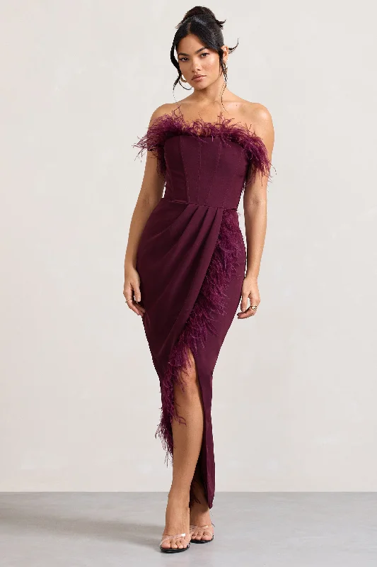 Cosmo | Burgundy Bandeau Feather Corset Split Maxi Dress Stylish Boho Maxi Dress