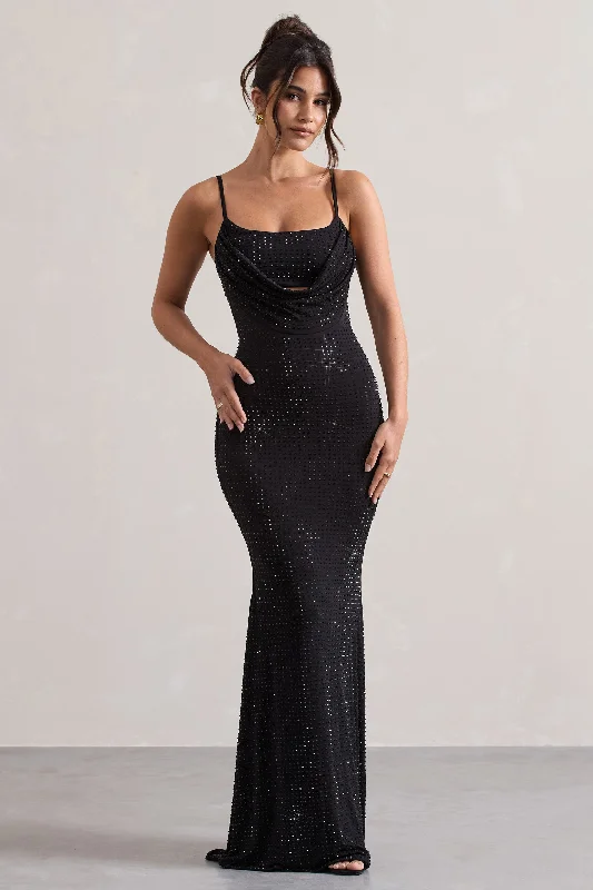 Costella | Black Embellished Strappy Cowl-Neck Maxi Dress Classic Black Maxi Dress