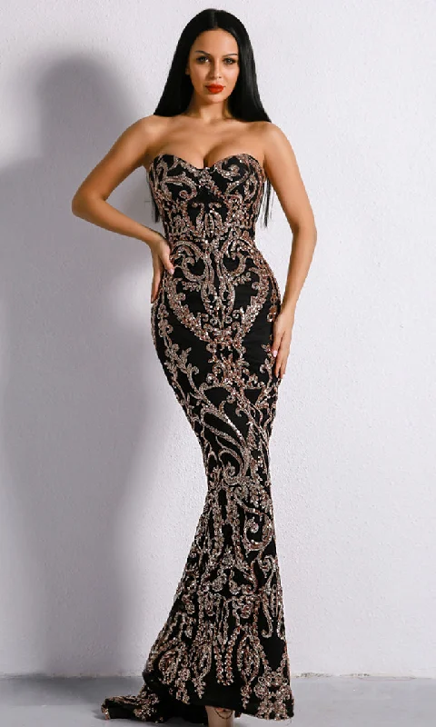 Dashing Diva Gold Black Sequin Ornate Pattern Strapless Sweetheart Neck Maxi Dress Trendy Button Front Maxi Dress Dashing Diva Gold Black Sequin Ornate Pattern Strapless Sweetheart Neck Maxi Dress Trendy Button Front Maxi Dress