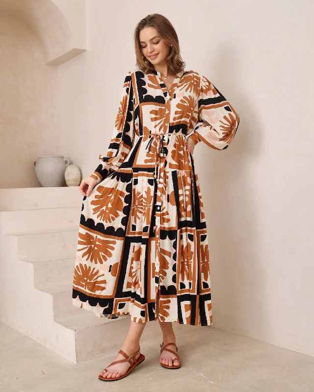 Delta Black Brown Tropical Maxi Dress Stylish Pleated A-Line Maxi Dress