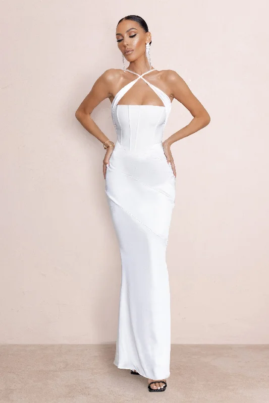 Dulcet | White Cross Over Neck Corset Maxi Dress Fashionable Chiffon Maxi Dress