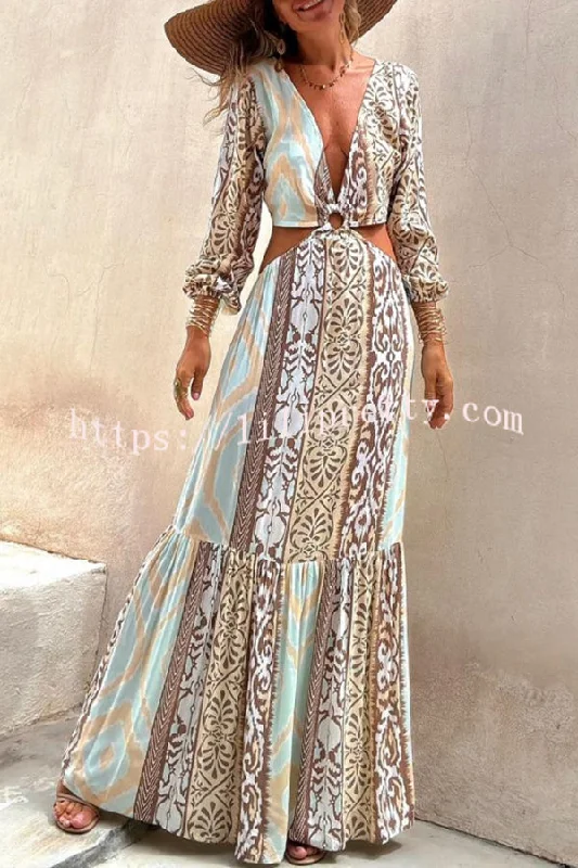 Sefora Unique Color Block Print Long Sleeve Ring Cutout Back Tie-up Maxi Dress Comfortable Bohemian Maxi Dress