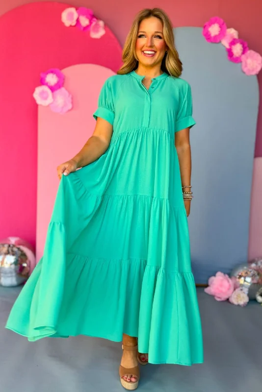 Emerald Button Front Tiered Short Sleeve Maxi Dress Fashionable Chiffon Tiered Maxi Dress