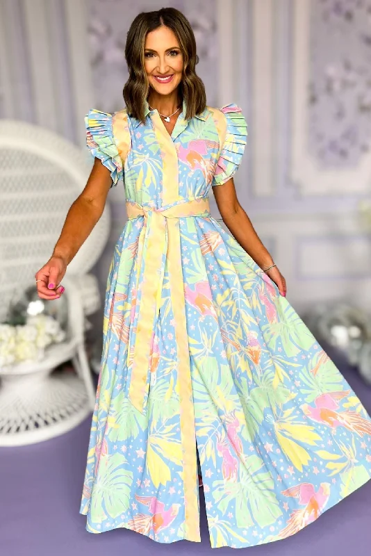 Emily McCarthy Blue Multi Print Classic Collar Pleated Ruffle Sleeve Maxi Dress Stylish Maxi Dress with Frills