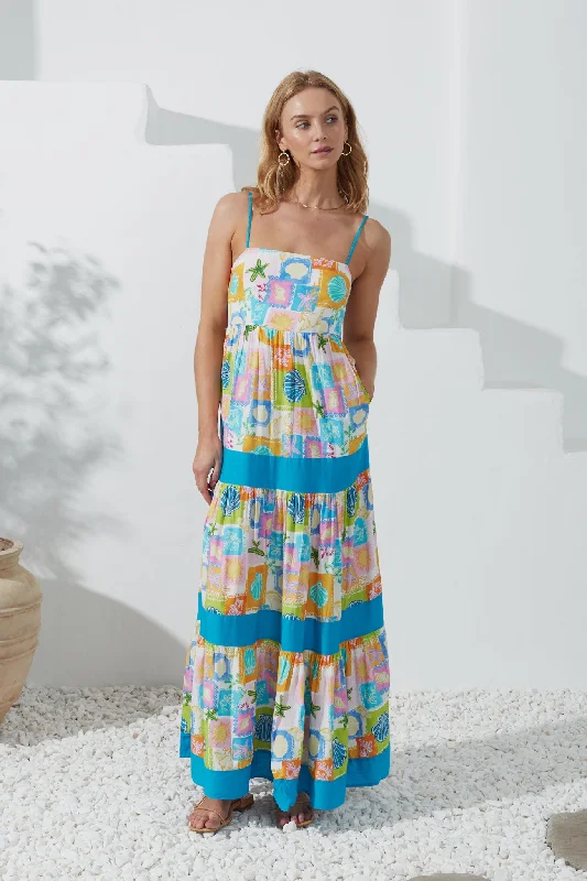 Erinne Blue Shells Abstract Tiered Maxi Dress Stylish Pleated A-Line Maxi Dress