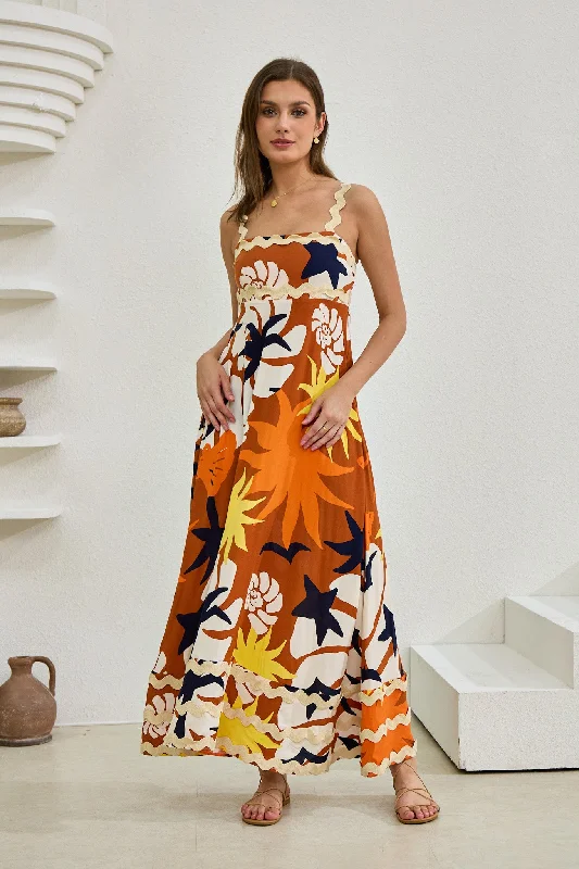 Esmeralda Orange Abstract Ric Rac Maxi Dress Elegant Maxi Dress with Belt