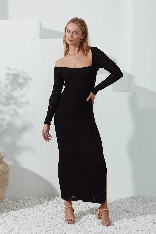 Fia Black Asymmetric Bodycon Maxi Dress Elegant Maxi Dress with Belt