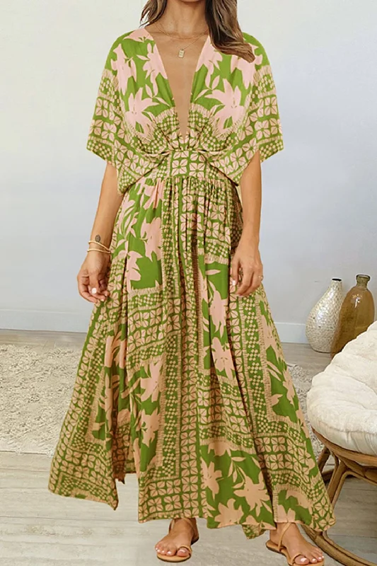 Floral Deep V Dolman Sleeve Split Maxi Dress Fashionable Button-Down Maxi Dress