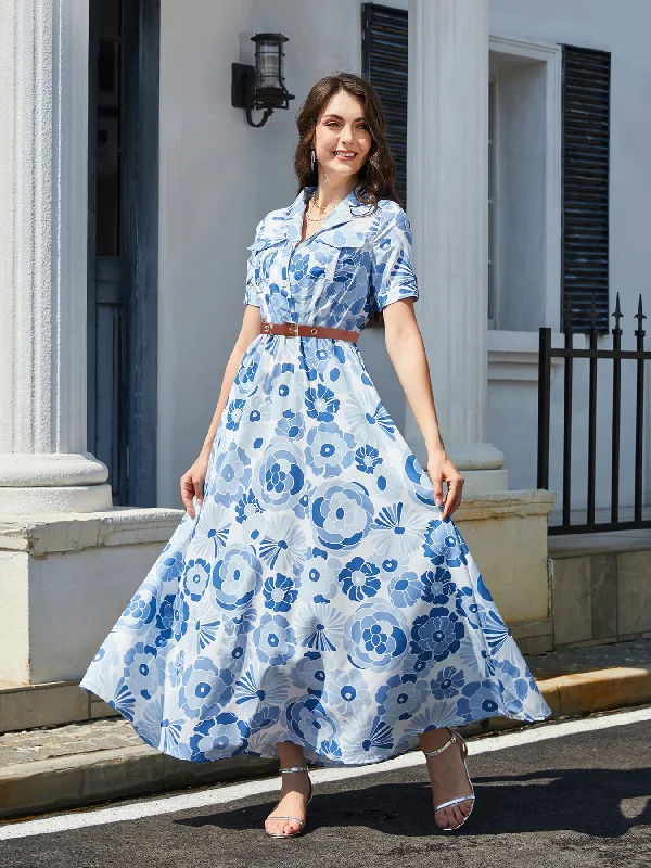 Floral Print Lapel Collar Short Sleeve Maxi Dress Fashionable Layered Maxi Dress