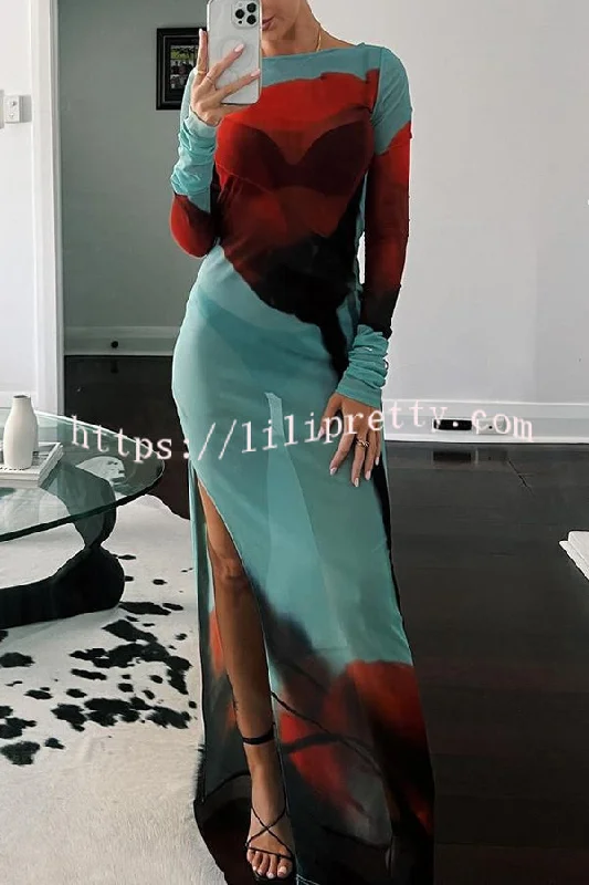 Mesh Floral Print Round Neck Long Sleeve Stretch Maxi Dress Cozy Knitted Maxi Dress