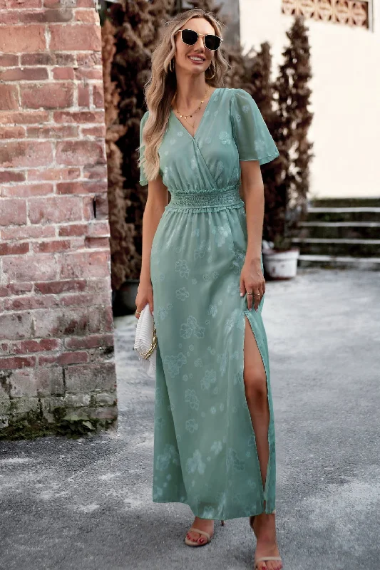 Floral Print V-Neck Smocked Waist High Slit Maxi Dress Elegant Boho Maxi Dress