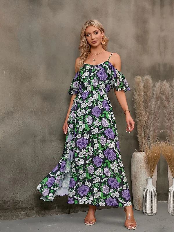 Floral Spaghetti Strap Cold-Shoulder Slit Maxi Dress Stylish Off-Shoulder Maxi Dress