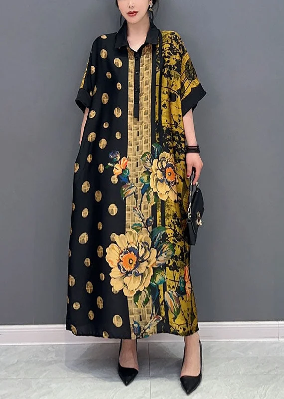 French Colorblock Peter Pan Collar Print Silk Maxi Dresses Summer Trendy Maxi Dress with Belt
