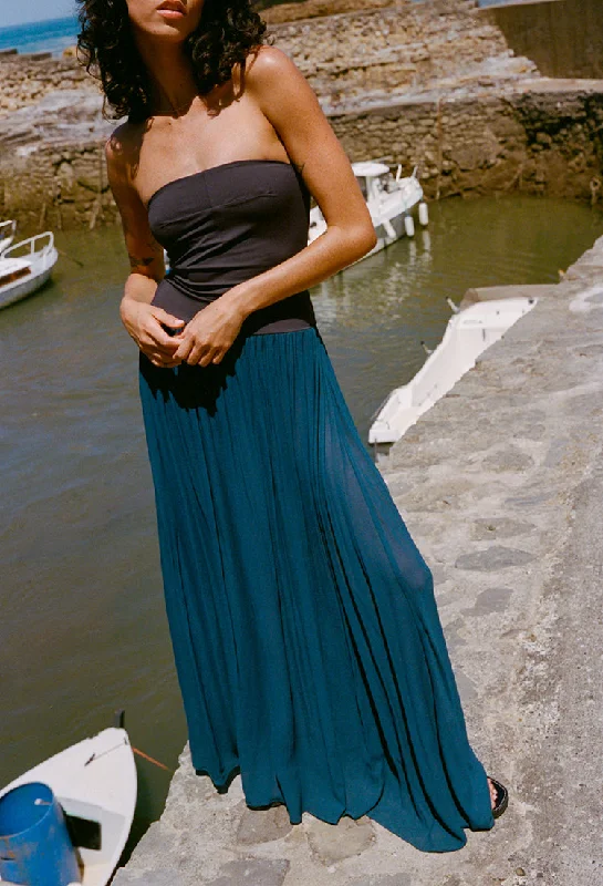 Giselle Navy Chiffon and Jersey Strapless Maxi Dress Classic Solid Maxi Dress