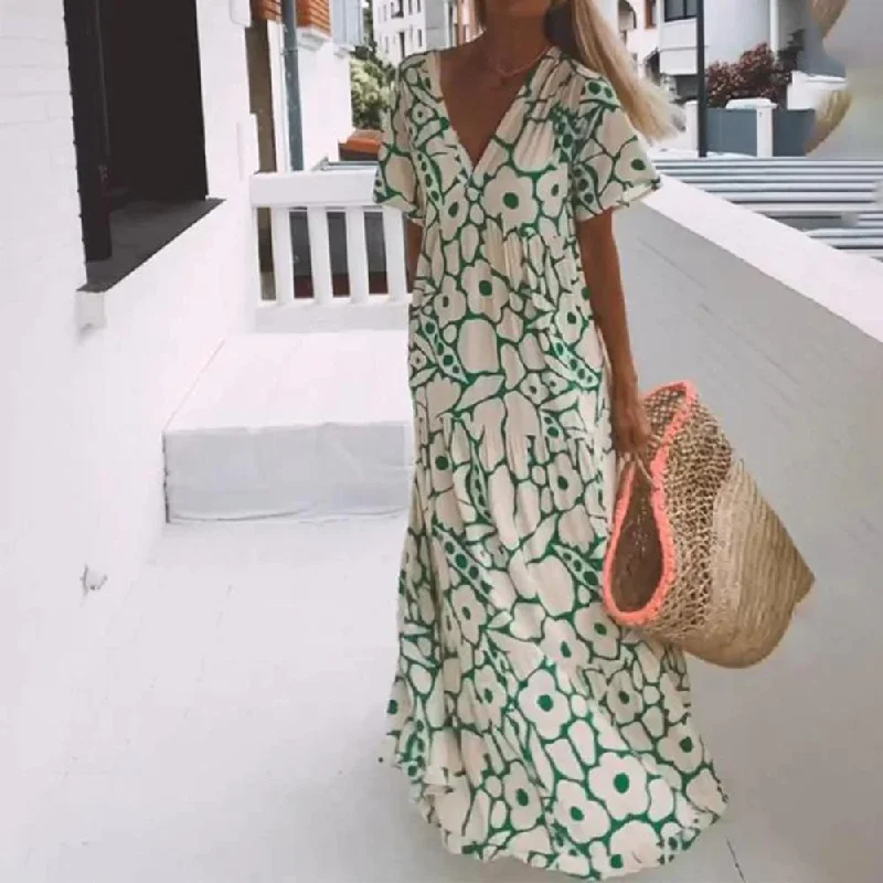 Green Short Sleeve Print Maxi Dress Cozy Maxi Dress with Slit