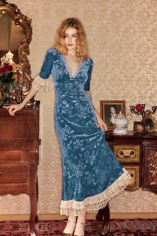 Gwyneth Lace Velvet Maxi Dress in Blue Chic Button-Up Maxi Dress