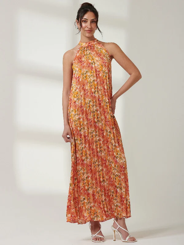 Halter Neck Pleated Maxi Dress, Orange Multi Fashionable Layered Maxi Dress