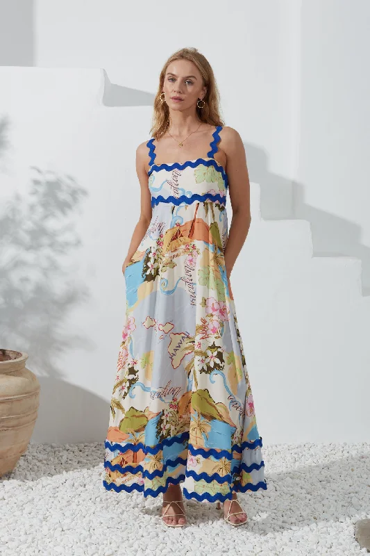 Hawaii Blue Tropical Ric Rac Maxi Dress Fashionable Sleeveless Maxi Dress