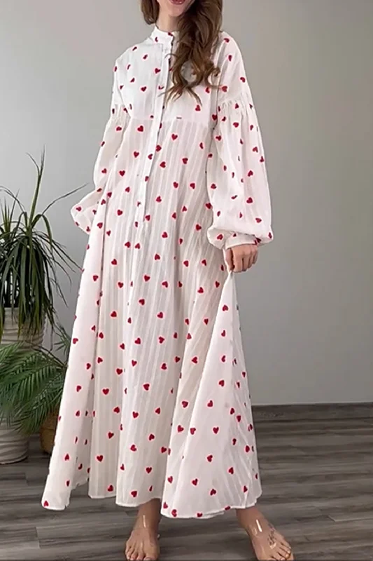 Heart Print Buttoned Maxi Dress Comfortable Maxi Dress with Sleeves
