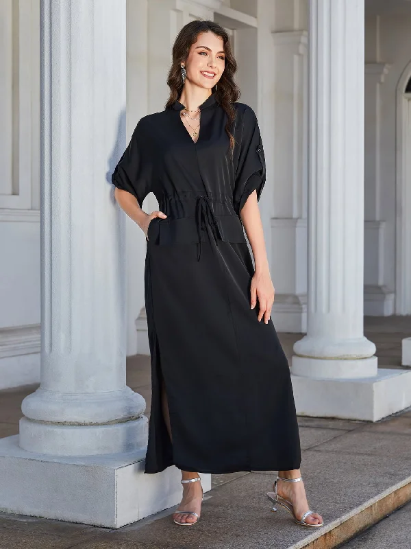 High Slit Roll-tab Sleeve Notched Neck Maxi Dress Stylish Pleated A-Line Maxi Dress