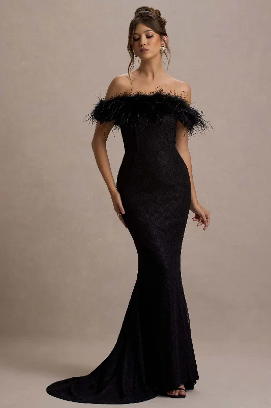Idyll | Black Lace Bardot Feather Fishtail Maxi Dress Fashionable Sleeveless Maxi Dress Idyll | Black Lace Bardot Feather Fishtail Maxi Dress Fashionable Sleeveless Maxi Dress