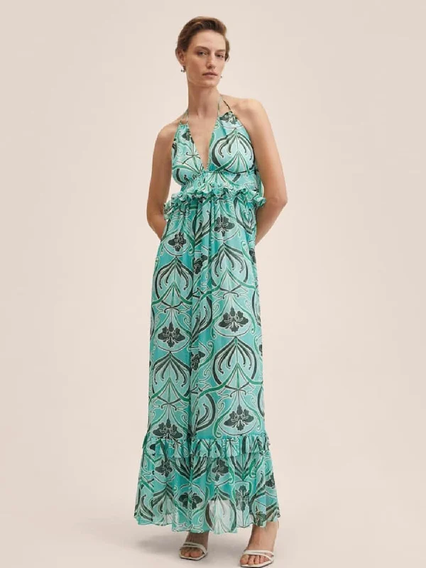Sexy Backless Beach Summer Dress Women Bohemian Floral Print Deep V Neck Neck-mounted Lady Vacation Maxi Dresses Cozy Wrap Maxi Dress