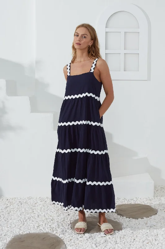 Kalliope Navy White Ric Rac Tiered Maxi Dress Trendy V-Neck Maxi Dress