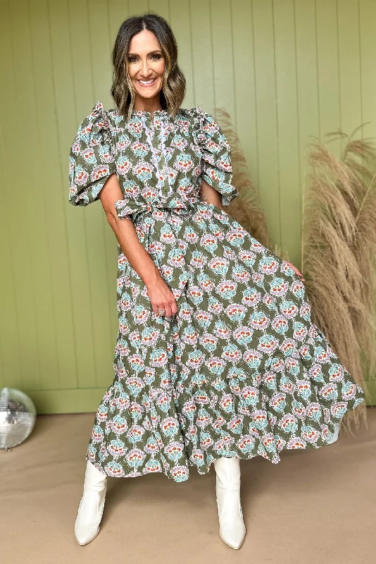 Karlie Olive Floral Printed Ruffle Sleeve Tiered Tie Waist Maxi Dress Comfortable Cotton Maxi Dress Karlie Olive Floral Printed Ruffle Sleeve Tiered Tie Waist Maxi Dress Comfortable Cotton Maxi Dress