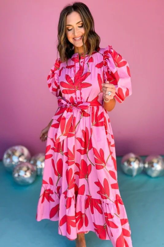 Karlie Pink Multi Print Ruffle Shoulder Puff Sleeve Tiered Maxi Dress Comfortable Ruffle Hem Maxi Dress