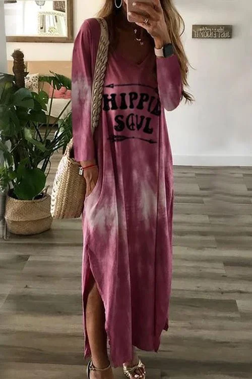 Letter Side Slit Long Sleeve Maxi Dress Trendy Printed Maxi Dress