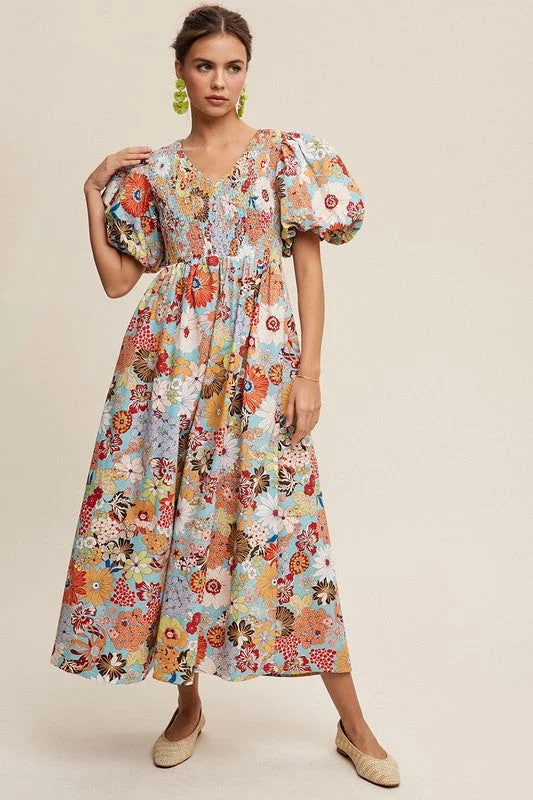 Listicle Flower Print Smocked V-neck Puff Sleeve Maxi Dress Cozy Open-Back Maxi Dress