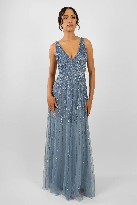 Lorelai Dusty Blue Embellished Maxi Dress Stylish One-Shoulder Maxi Dress