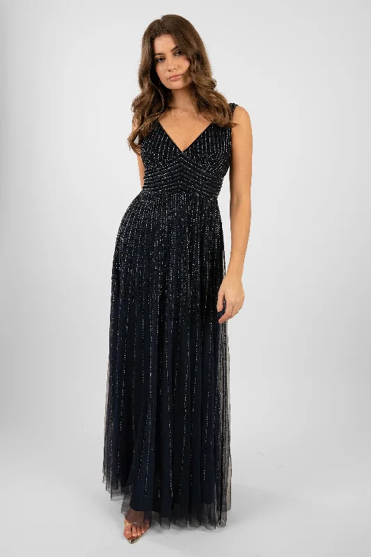 Lorelai Navy Blue Embellished Maxi Dress Chic Button-Up Maxi Dress