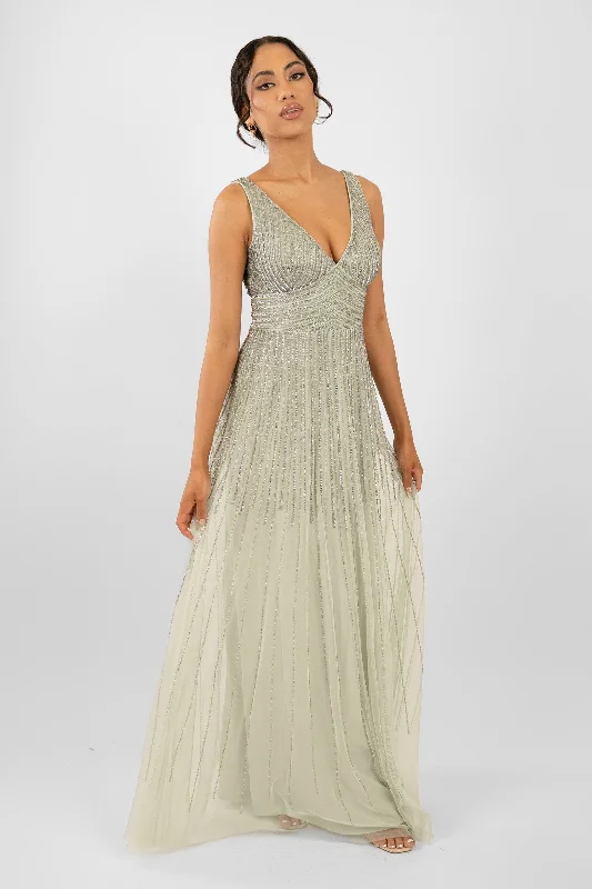 Lorelai Sage Green Embellished Maxi Dress Fashionable High-Waist Maxi Dress