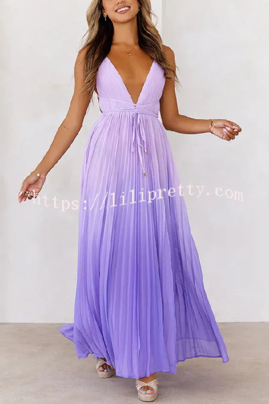 Love Letter To You Pleated Gradient Print Back Tie-up Slit Maxi Dress Cozy Spaghetti Strap Maxi Dress