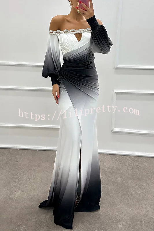 Julieta Gradient Print Boat Neck Off Shoulder Gem Detail Slit Gown Maxi Dress Trendy Off-Shoulder Ruffle Maxi Dress