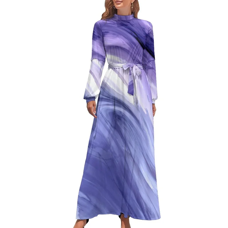 Marble Print Dress Watercolor Flow Abstract Aesthetic Bohemia Dresses Female Long Sleeve High Neck Sexy Long Maxi Dress Fashionable Asymmetrical Maxi Dress