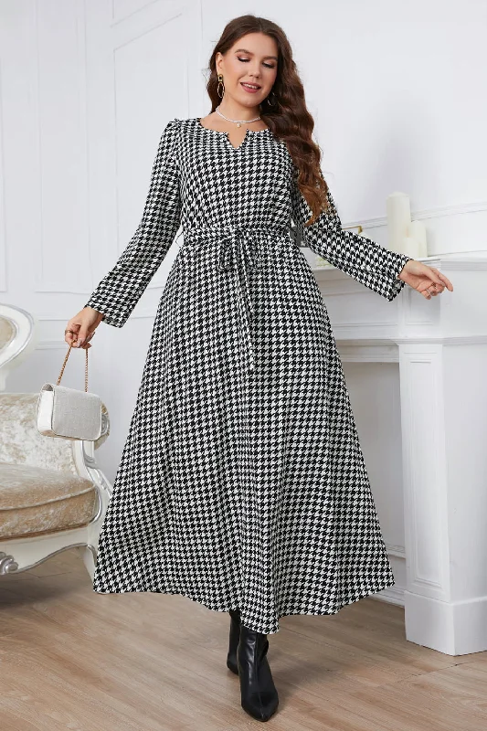 Melo Apparel Plus Size Notched Neck Houndstooth Tie Belt Maxi Dress Fashionable Off-Shoulder Maxi Dress