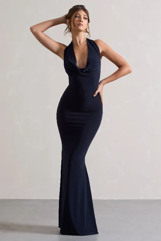 Milani | Navy Backless Cowl Neck Fishtail Maxi Dress Comfortable Maxi Dress with Slits