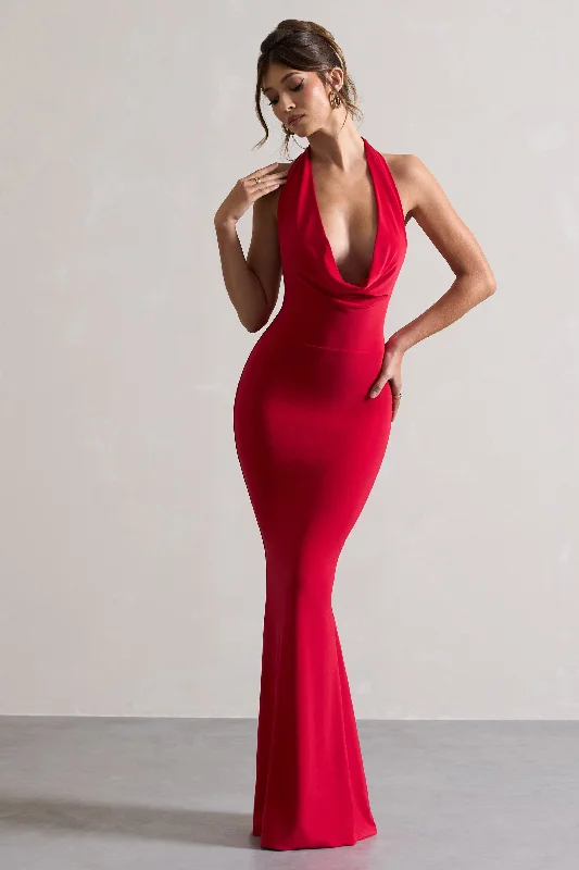 Milani | Red Backless Cowl Neck Fishtail Maxi Dress Fashionable Open-Back Maxi Dress