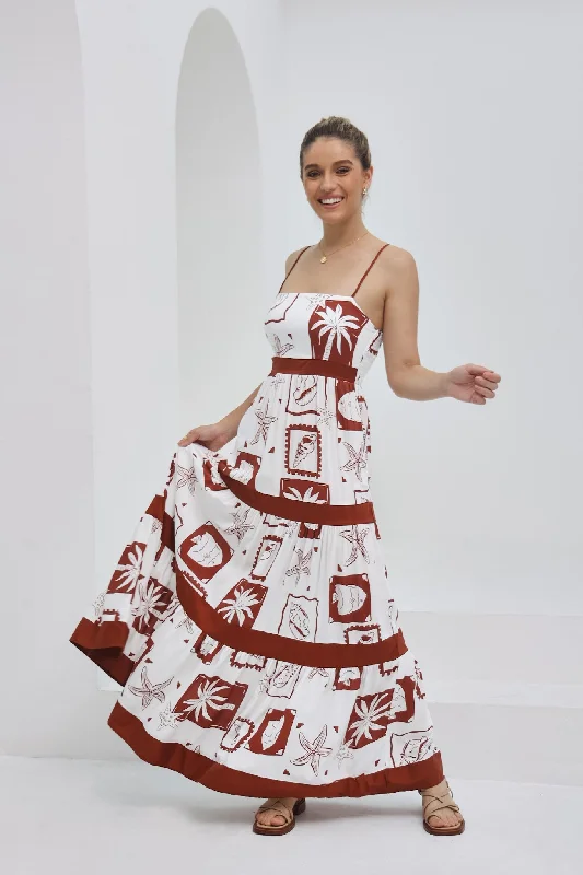 Mira Brown Sea Shells Tropical Tiered Maxi Dress Comfortable Fit-and-Flare Maxi Dress