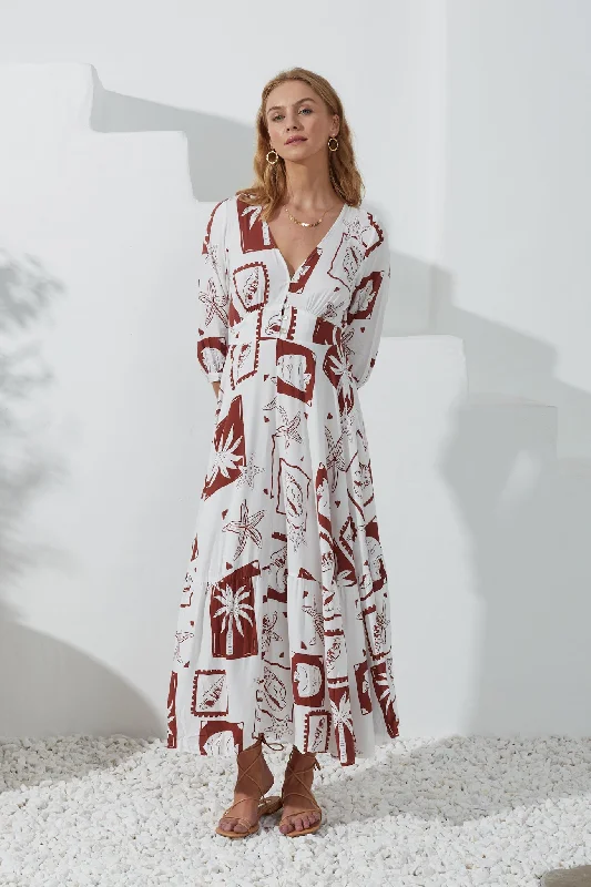 Mira Brown Sea Shells Tropical V-Neck Maxi Dress Trendy Ruffled Maxi Dress
