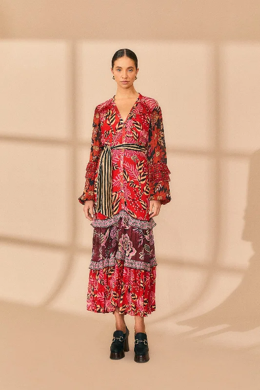 Mixed Floral Prints Long Sleeve Maxi Dress Elegant Velvet Maxi Dress