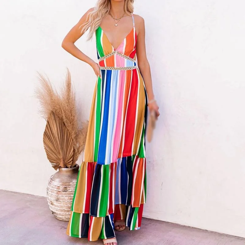 Multi Rainbow Print Maxi Dress Stylish Boho Chic Maxi Dress