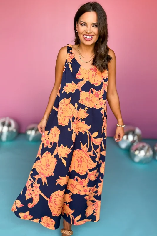 Navy Floral Print Side Slit Maxi Dress Cozy Cold-Shoulder Maxi Dress
