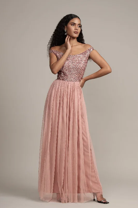 Nina Taupe Embellished Bridesmaid Maxi Dress Stylish Pleated A-Line Maxi Dress